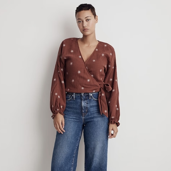 Sold on M! Madewell Lightspun Maira Flower Embroidered Tie Wrap Top - Picture 16 of 16